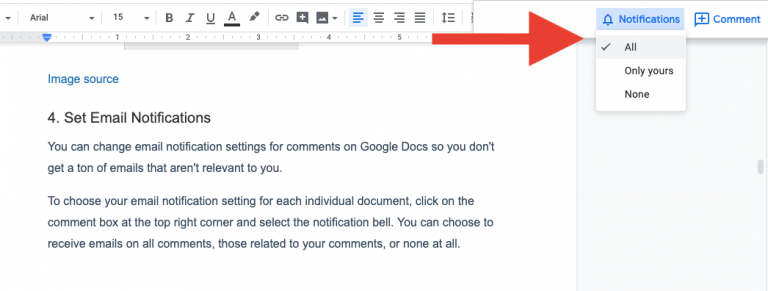 select notifications in google docs
