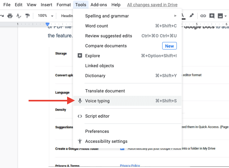 Voice typing in Google Docs