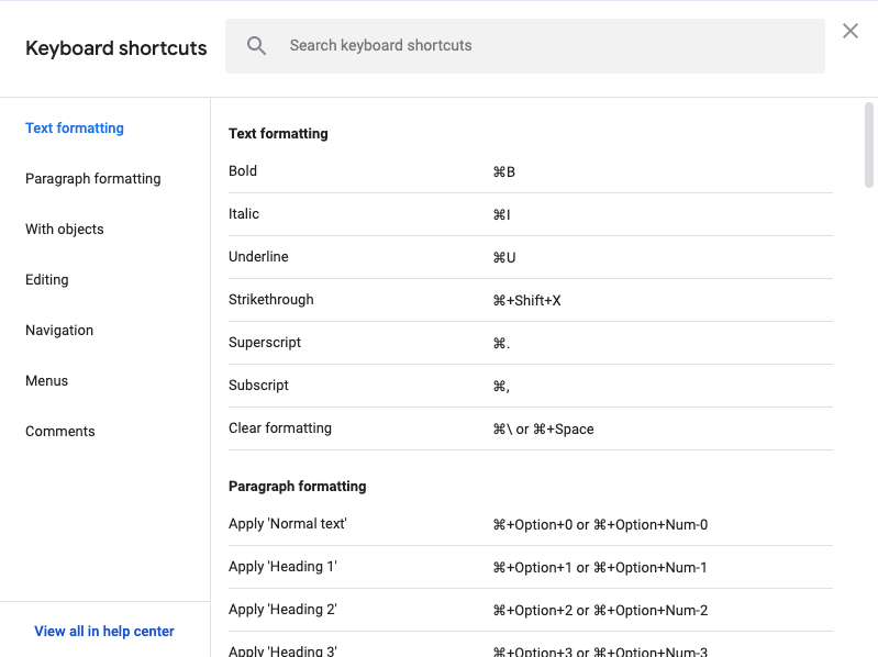 Keyboard shortcuts in google docs